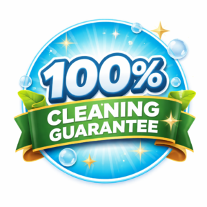 100% Cleaning Guarantee badge for spring cleaning services Melbourne featuring eco-friendly blue and green design with sparkling effects.