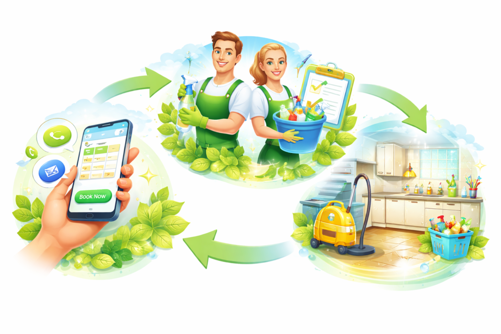 Easy booking process illustration for spring cleaning services Melbourne showing online scheduling, professional cleaners arriving, and a freshly cleaned home interior.