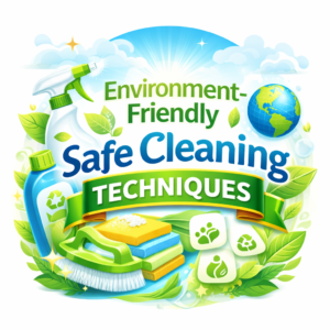 Environment friendly safe cleaning techniques illustration featuring eco-friendly cleaning products, green leaves, recycling symbols and sustainable home cleaning concept.