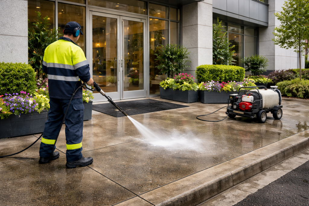 Final grooming and deodorizing after high pressure concrete cleaning at a commercial building entrance, leaving sidewalks fresh, spotless, and odor-free as part of professional commercial concrete cleaning services.