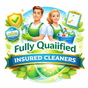 Fully qualified and insured cleaners badge for spring cleaning services Melbourne featuring certified professional cleaners with cleaning tools, shield icon and guarantee seal design.