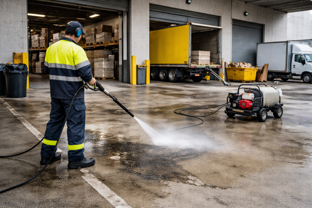 High pressure concrete cleaning of loading docks and service areas removing oil stains, dirt, and grime as part of professional commercial concrete cleaning services.