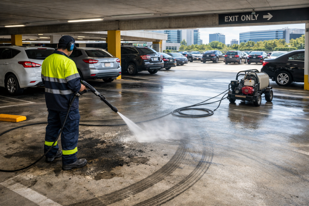 High pressure concrete cleaning in parking lots and parking garages removing oil stains, tire marks, and dirt as part of professional commercial concrete cleaning services.