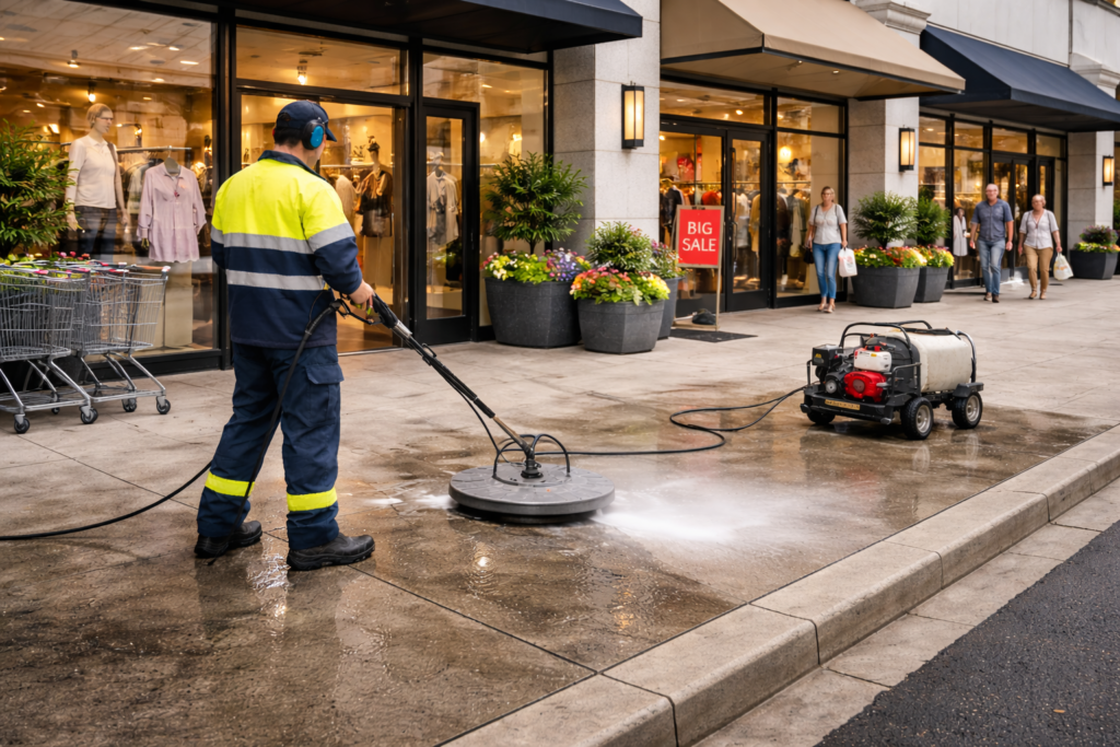 High pressure concrete cleaning at retail and commercial entrances removing dirt, stains, and foot traffic marks to maintain a clean and welcoming storefront.