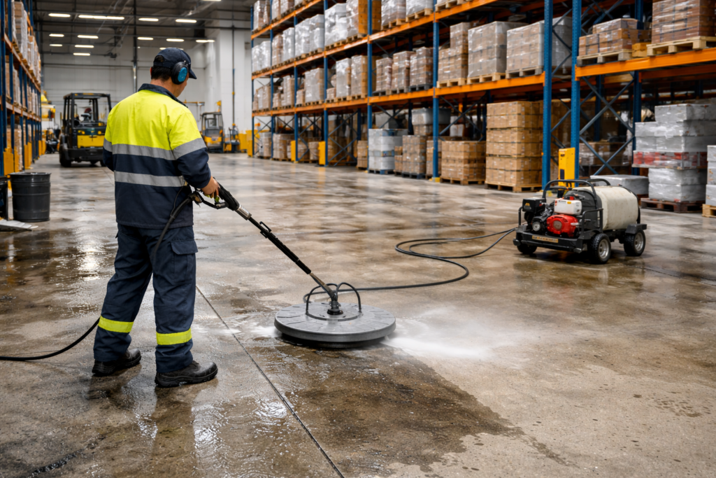 High pressure concrete cleaning of warehouse floors removing grease, dirt, and industrial stains as part of professional commercial concrete cleaning services.