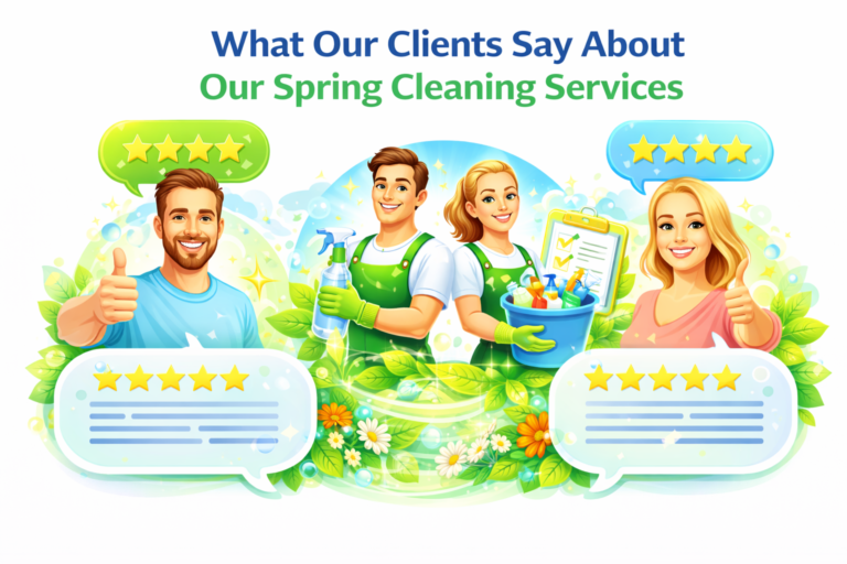 Happy customer testimonials for spring cleaning services Melbourne featuring five-star reviews, satisfied clients, and professional cleaning team illustration.