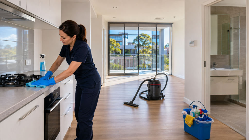 Professional cleaner performing end of lease bond cleaning in a modern Melbourne rental apartment, preparing the property for final inspection.