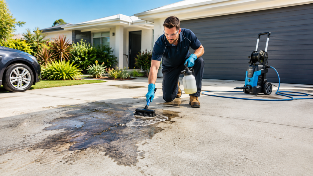 Professional cleaner removing an oil stain from a concrete driveway using a degreasing solution and brush with pressure washing equipment nearby.