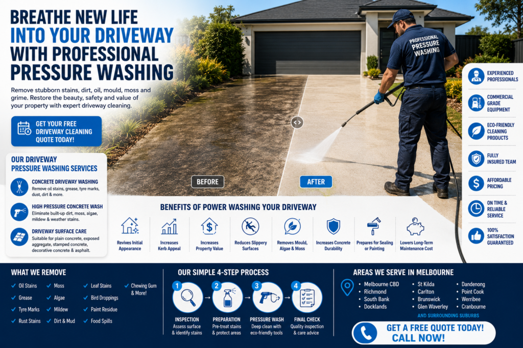 Professional pressure washing service cleaning a stained concrete driveway in Melbourne, showing a dramatic before-and-after transformation with clean concrete, commercial-grade equipment, and driveway cleaning benefits.