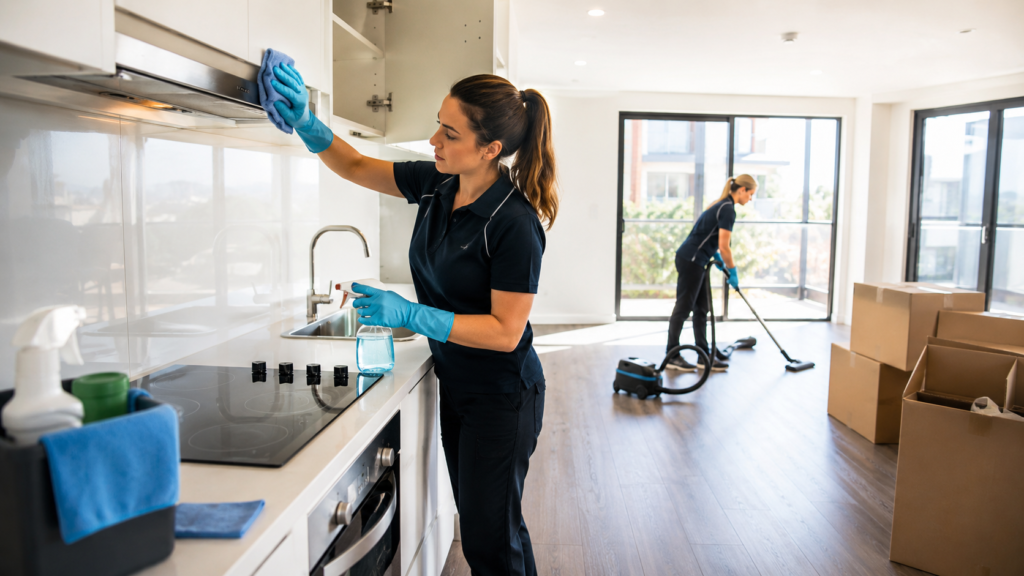 Same-day end of lease cleaning service with professional cleaners deep cleaning a modern Australian apartment kitchen and living area before final inspection.