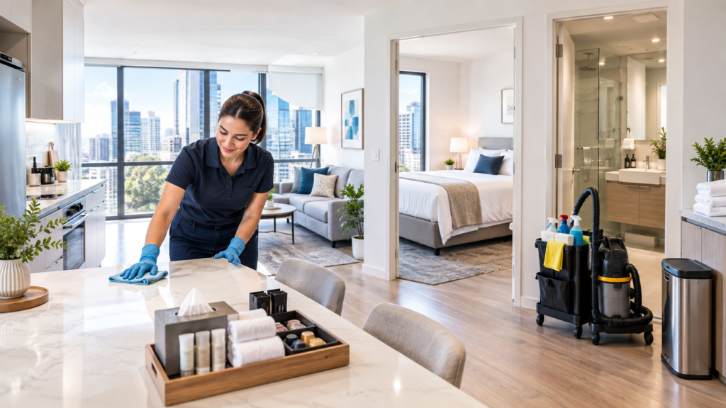 Professional cleaner sanitising a kitchen benchtop in a modern Melbourne Airbnb apartment, with a freshly made bed, spotless bathroom, organised guest amenities, folded towels, vacuum equipment, and bright city-view interiors prepared for the next guest stay.